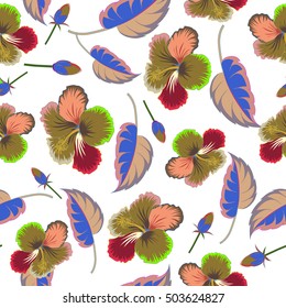 Vector seamless pattern of tropical flowers (hibiscus) with watercolor effect on white background.