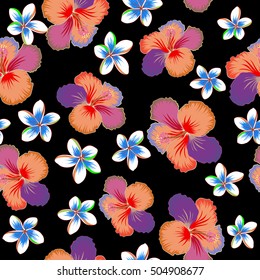 Vector seamless pattern of tropical flowers (hibiscus and plumeria) with watercolor effect on black background.
