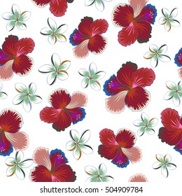 Vector seamless pattern of tropical flowers (plumeria and hibiscus) with watercolor effect on white background.