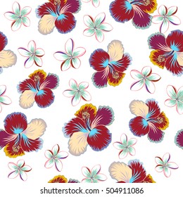 Vector seamless pattern of tropical flowers, hibiscus on a white background, dense jungle. Hand painted. Pattern with tropic summertime motif may be used as texture, wrapping paper or textile design.