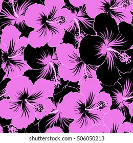 Vector seamless pattern with tropical flowers in watercolor style. Black and pink hibiscus seamless pattern.