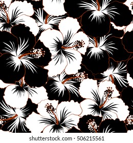 Vector seamless pattern of tropical flowers, hibiscus, dense jungle. Hand painted. Pattern in black and white colors with tropic summertime motif may be used as texture, wrapping paper, textile design