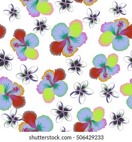 Vector seamless pattern of tropical flowers (plumeria and hibiscus) with watercolor effect on white background.