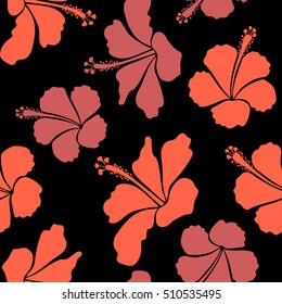 Vector seamless pattern of tropical flowers, hibiscus, dense jungle. Hand painted. Pattern in red colors with tropic summertime motif may be used as texture, wrapping paper or textile design.