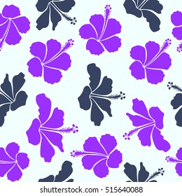 Vector seamless pattern with tropical flowers in watercolor style. Vector illustration. Blue, violet and neutral hibiscus seamless pattern.