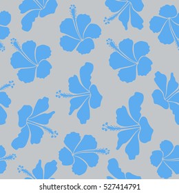 Vector seamless pattern with tropical flowers in watercolor style. Vector illustration. Gray and blue hibiscus seamless pattern.