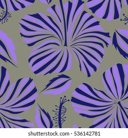 Vector seamless pattern with tropical flowers in watercolor style. Vector illustration. Neutral, violet and blue hibiscus seamless pattern.