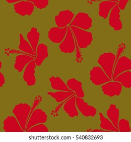Vector seamless pattern with tropical flowers in watercolor style. Vector illustration. Brown and red hibiscus seamless pattern.