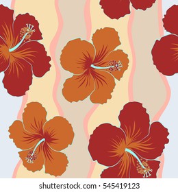 Vector seamless pattern with tropical flowers in watercolor style. Vector illustration. Red and orange hibiscus seamless pattern.