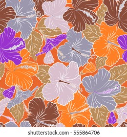 Vector seamless pattern with tropical flowers in watercolor style. Vector illustration. Violet and orange hibiscus seamless pattern.