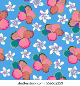 Vector seamless pattern of tropical flowers (hibiscus) with watercolor effect on blue background.