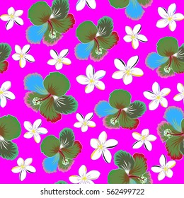 Vector seamless pattern of tropical flowers, hibiscus on a magenta background, dense jungle. Hand painted. Pattern with tropic summertime motif may be used as texture, wrapping paper or textile design