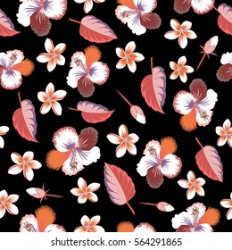 Vector seamless pattern of tropical flowers, multicolor hibiscus on a black background, dense jungle. Hand drawn pattern with tropic motif can be used for print, fabric, wrapping paper, textile design