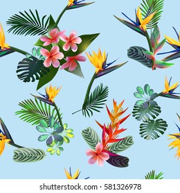  Vector seamless pattern  of tropical  flowers, leaves, vines:  Strelitzia, Plumeria, South America, Central Africa, Southeast Asia and Australia.
Monsoon forests, Mangroves.For textiles