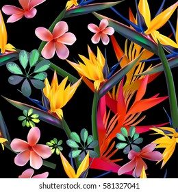  Vector Seamless Pattern  Of Tropical  Flowers, Leaves, Vines:  Strelitzia, Plumeria, South America, Central Africa, Southeast Asia And Australia.
Monsoon Forests, Mangroves.For Textiles