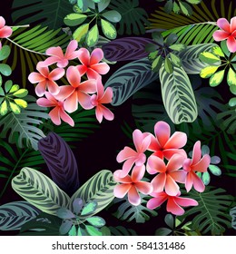 Vector seamless pattern  of tropical  flowers, leaves, vines:   Plumeria, South America, Central Africa, Southeast Asia and Australia.
Monsoon forests, Mangroves.For textiles