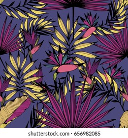 Vector seamless pattern with tropical flowers, leaves and branches. Decorative background for design and decoration of textiles, clothes, wallpapers, cases, covers, accessories and much more