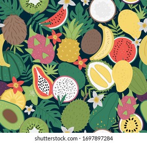 Vector seamless pattern with tropical fruit and berries with slices and halves. Jungle foliage background. Hand drawn flat exotic plants texture. Bright childish digital paper with healthy summer food