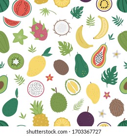 Vector seamless pattern with tropical fruit and berries with slices and halves. Jungle foliage background. Hand drawn flat exotic plants texture. Bright childish digital paper with healthy summer food