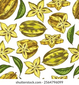 Vector seamless pattern with tropical fruit carambola, made in the style of a hand-drawn sketch, with yellow star-shaped fruits, whole and halves and green leaves