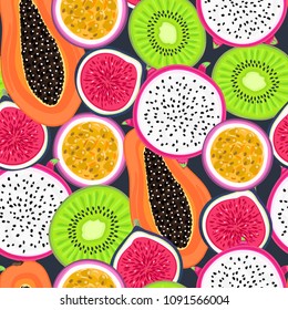 Vector seamless pattern with tropical fruits. Healthy dessert. Fruity background. Dragon fruit, kiwi, passionfruit, fig, papaya. Wrapping, exotic food market advertisement, wallpaper, summer banner