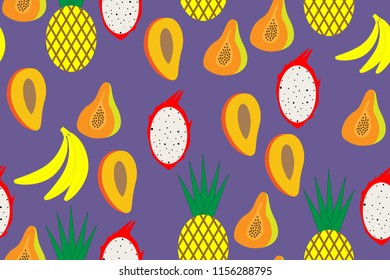 Vector seamless pattern of the tropical fruits. Ultra violet background