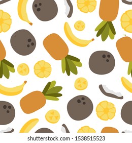 Vector seamless pattern with tropical fruits: pineapple, coconut, banana. For design packaging, textile, background, design postcards and posters.