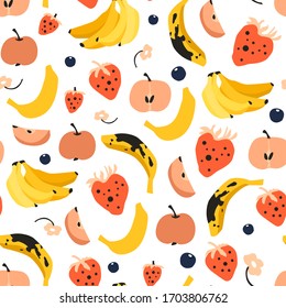 Vector seamless pattern with tropical fruits and berries on white background. Colorful cartoon texture for kitchen textile design, menu background, covers, summer wallpaper. 