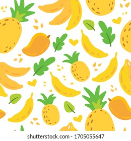 Vector seamless pattern: tropical fruits and leaves. Fresh juicy summer background with banana, pineapple and mango. Cartoon flat style. Healthy vegetarian food.