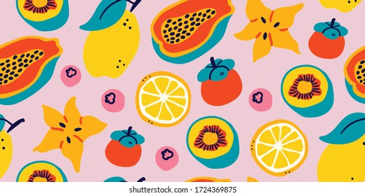 Patrón vectorial sin fisuras con frutos tropicales sobre fondo rosado: limón, fruta de la pasión, berry, kiwi, berenjena, lichee, lima, naranja. Moderno y elegante patrón de verano tropical, perfecto para tejidos y tejidos