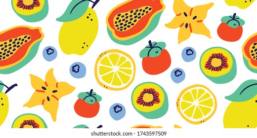 Vector nahtlos Muster mit tropischen Früchten auf weißem Hintergrund: Zitrone, Passionsfrucht, Beeren, Kiwi, Auberginen, Flechte, Kalk, Orange. Moderne tropische Sommermuster, perfekt für Textilien, Stoff