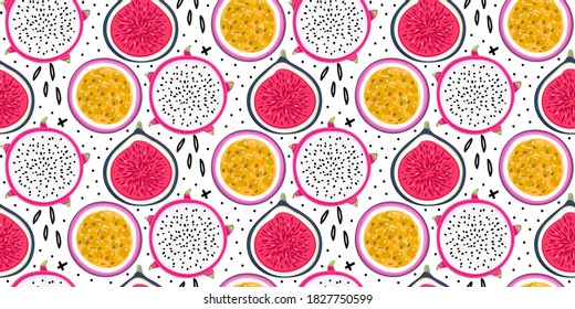 Vector seamless pattern with tropical fruits. Healthy dessert. Fruity background. Dragon fruit, passionfruit, fig. Wrapping, exotic food market advertisement, wallpaper, summer banner. Vector, eps10