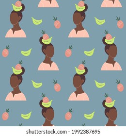  Vector seamless pattern with tropical fruits and abstract african woman. Exotic wallpaper.