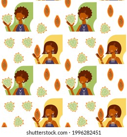 Patrón vectorial sin fisuras con frutas tropicales y coloridas mujeres africanas. Papel de pared exótico con gente, kiwano y papaya. Chicas abstractas y elegantes.
