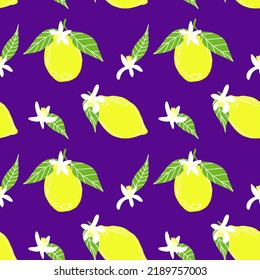 Vector seamless pattern with tropical fruits. Lemons and flowers. Design for paper, fabric, interior.