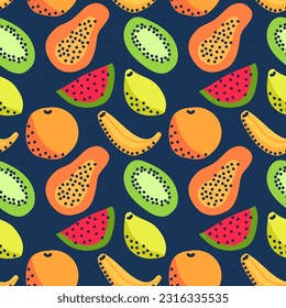 Patrón vectorial sin fisuras con frutos tropicales sobre fondo oscuro. Diseño moderno para tela y papel, texturas superficiales.