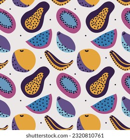 Patrón vectorial sin fisuras con frutos tropicales sobre fondo blanco. Diseño moderno para tela y papel, texturas superficiales.