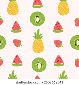 Vector seamless pattern with tropical fruits, kiwi,lemon,strawberry,dragon fruit,orange,pineapple,watermelon.Design for wrapping paper, textiles, packaging. Colorful summer background.