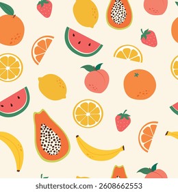 Vector seamless pattern with tropical fruits, kiwi,lemon,strawberry,dragon fruit,orange,pineapple,watermelon.Design for wrapping paper, textiles, packaging. Colorful summer background.