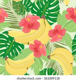 Vector seamless pattern with tropical fruits and leaves