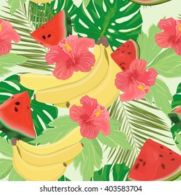 Vector seamless pattern with tropical fruits and leaves