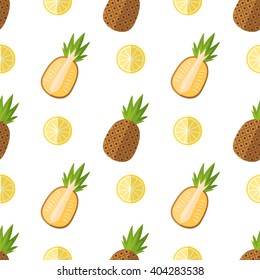 Vector seamless pattern with tropical fruits in a flat style. Stylish bright background with pineapple and lemons.