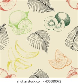 Vector seamless pattern of tropical fruits. Banana; peach; lemon; kiwi and palm leaves in vintage engraved style. Hand drawn color exotic organic tasty fruits isolated on beige background.