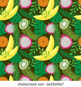 Vector seamless pattern with tropical fruits and plants. Bananas, oranges, kiwi and dragon fruit.