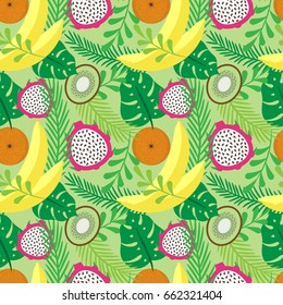 Vector seamless pattern with tropical fruits and plants. Bananas, oranges, kiwi and dragon fruit