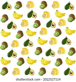 Vector seamless pattern with tropical fruits:kiwi fruit,banana,lemon and avocado.   