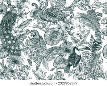 Vector seamless pattern with tropical garden with exotic birds. Macaw parrot, toucan, hoopoe, peacock, flamingos and cockatiel parrot in engraving style