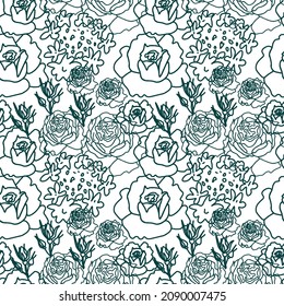 Vector seamless pattern with tropical green flowers on transparent background.Dark,floral,botanical print in doodle style hand drawn.Designs for textiles,fabric,wrapping paper,invitations,packages.