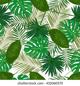 Vector seamless pattern with tropical  green leaves