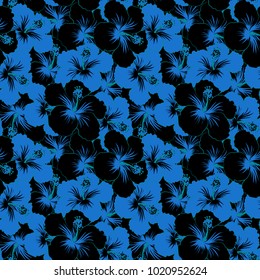 Vector seamless pattern of tropical hibiscus flowers, dense jungle. Hand painted. Pattern in black and blue colors with tropic summertime motif may be used as texture, wrapping paper, textile design.